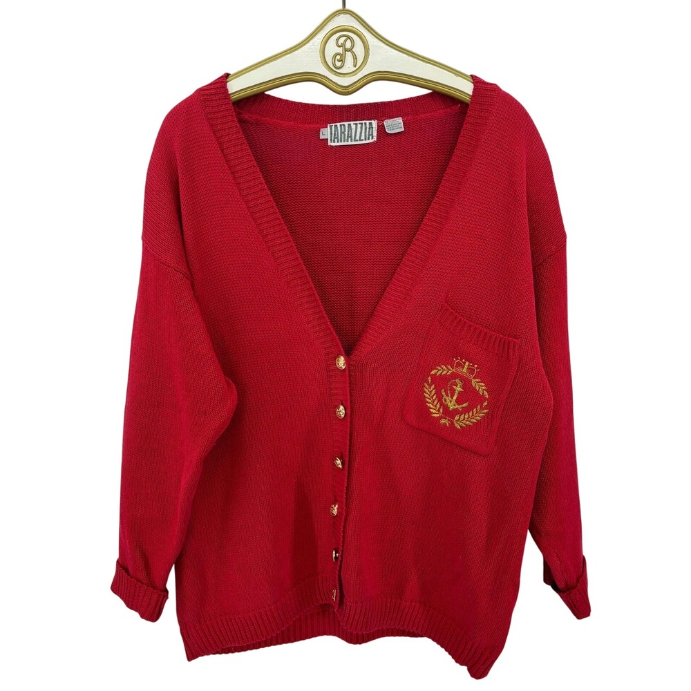 Vintage Tarazzia Red Crest Cardigan Sweater LARGE Gold Buttons Preppy Academia‎